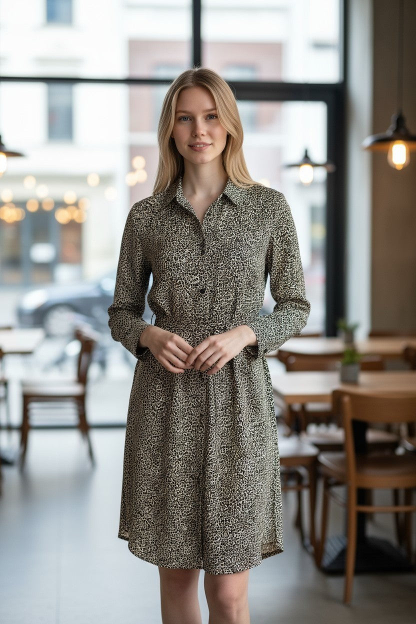 Women’s Printed Button Down Midi Dress Long Sleeve Casual Shirt Dress with Belt