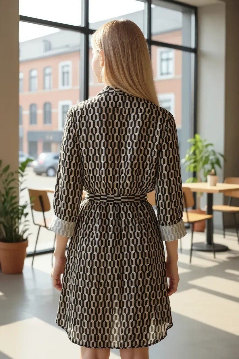 Women’s Printed Button Down Midi Dress Long Sleeve Casual Shirt Dress with Belt