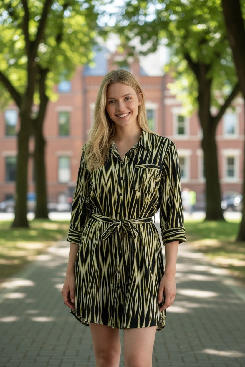 Women’s Printed Button Down Midi Dress Long Sleeve Casual Shirt Dress with Belt