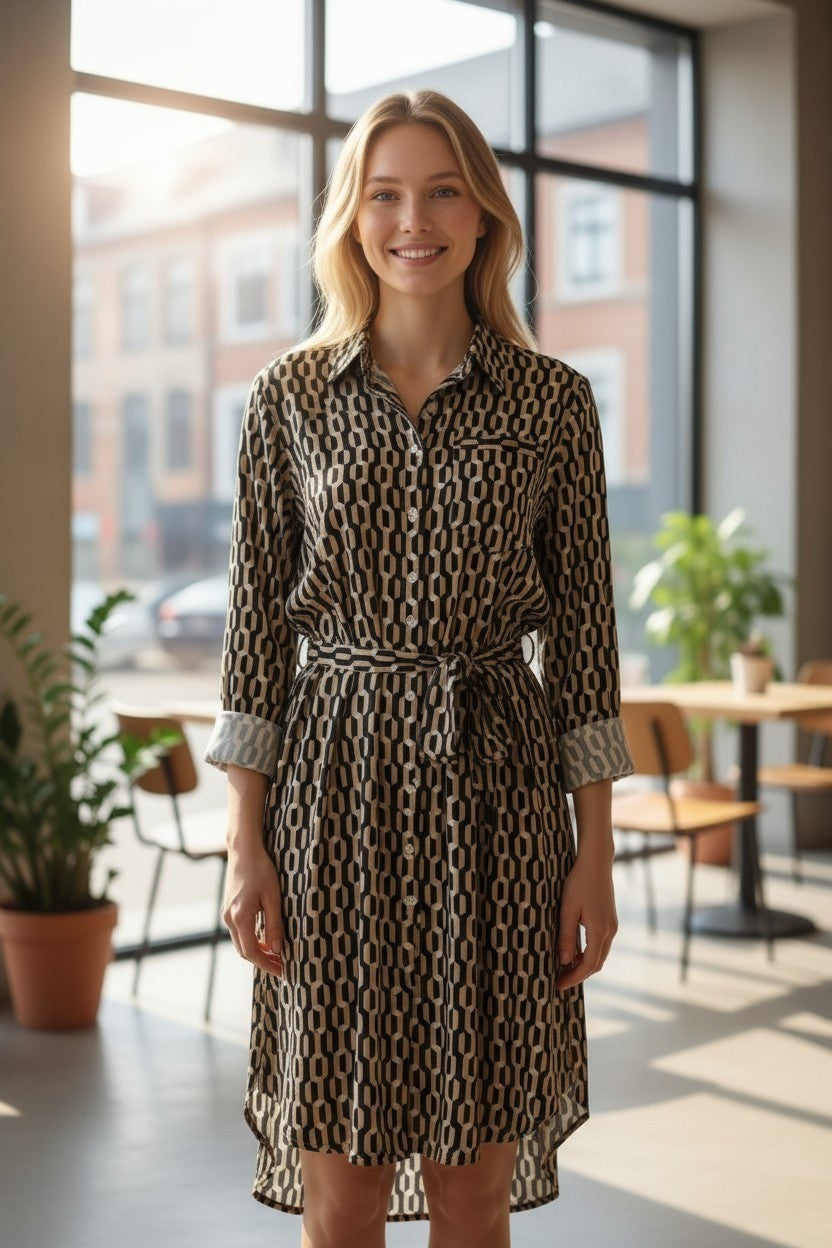 Women’s Printed Button Down Midi Dress Long Sleeve Casual Shirt Dress with Belt