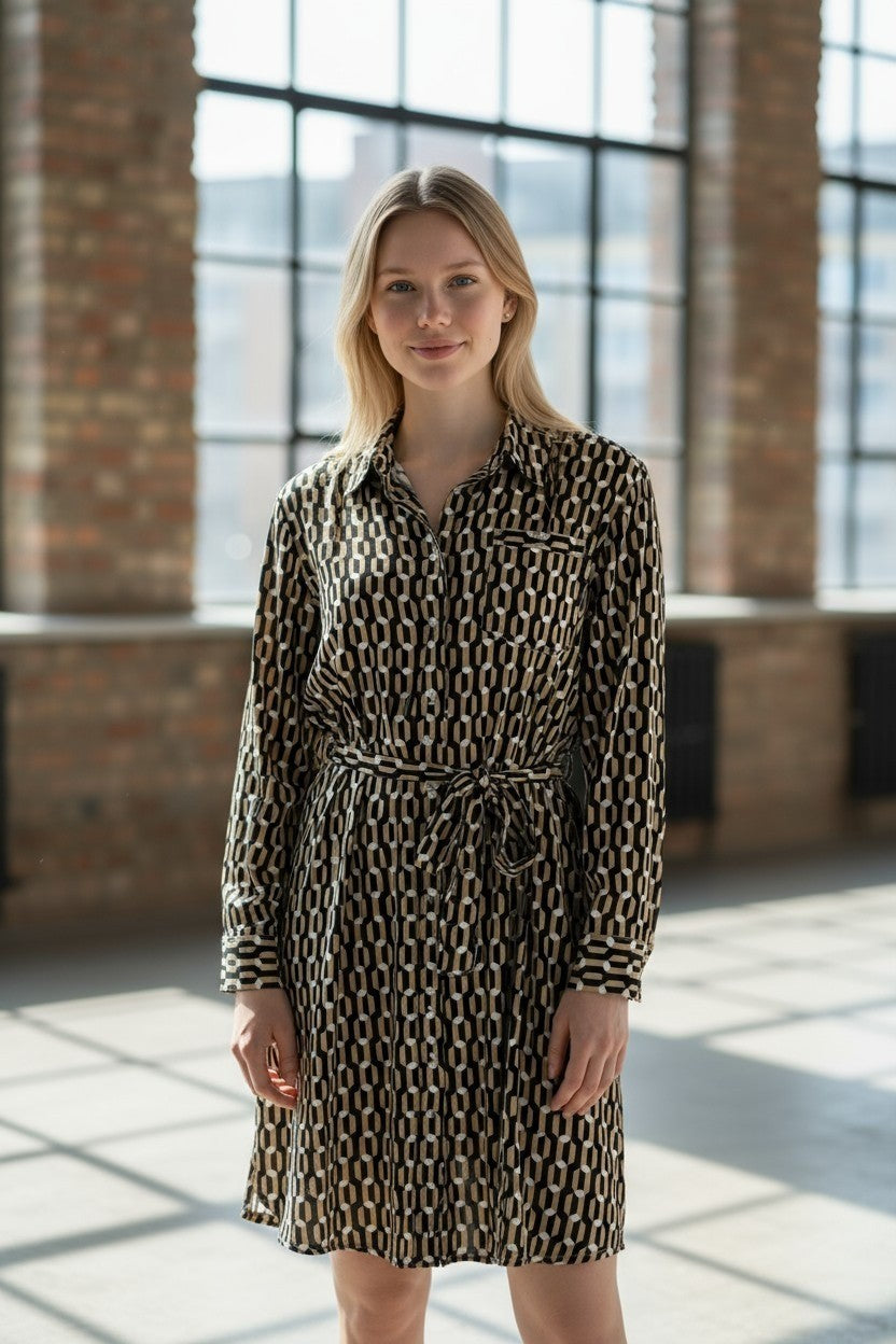 Women’s Printed Button Down Midi Dress Long Sleeve Casual Shirt Dress with Belt