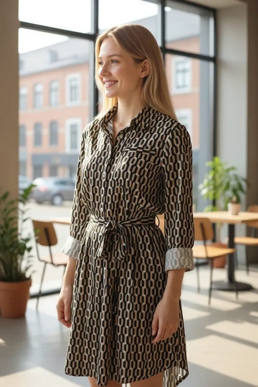 Women’s Printed Button Down Midi Dress Long Sleeve Casual Shirt Dress with Belt