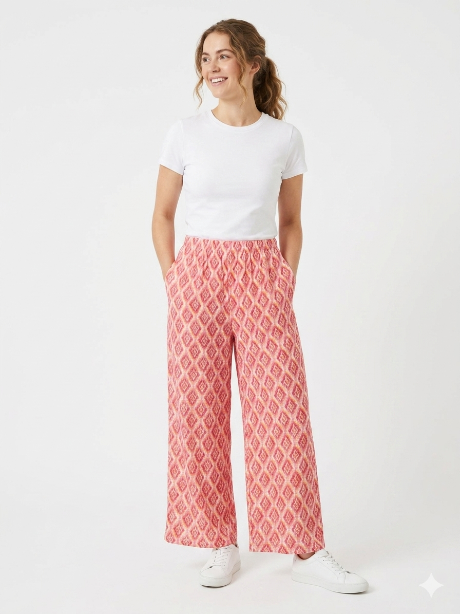 Women's Casual Ikat Print Palazzo Pants Flowy Wide Leg Summer Trousers