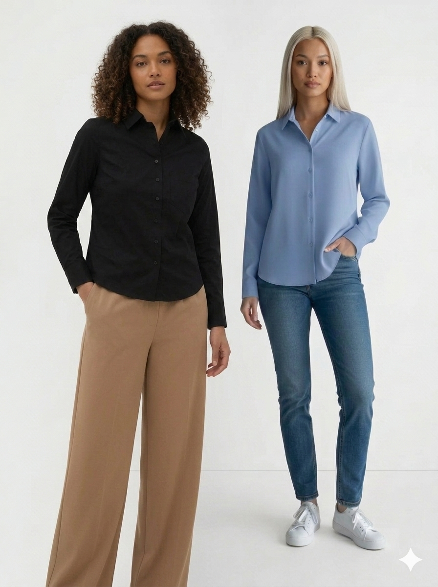 Ladies Shirts Blouse Cotton Stretchy Black Plain Formal Office Workwear Top P1