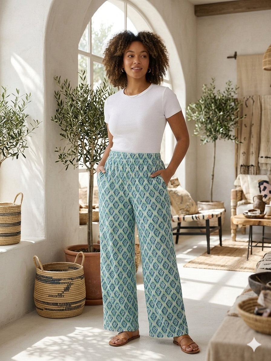 Women's Casual Ikat Print Palazzo Pants Flowy Wide Leg Summer Trousers