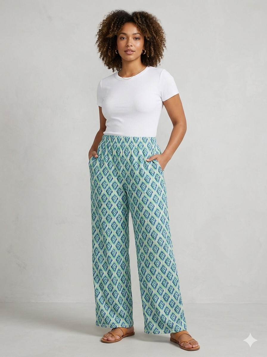 Women's Casual Ikat Print Palazzo Pants Flowy Wide Leg Summer Trousers