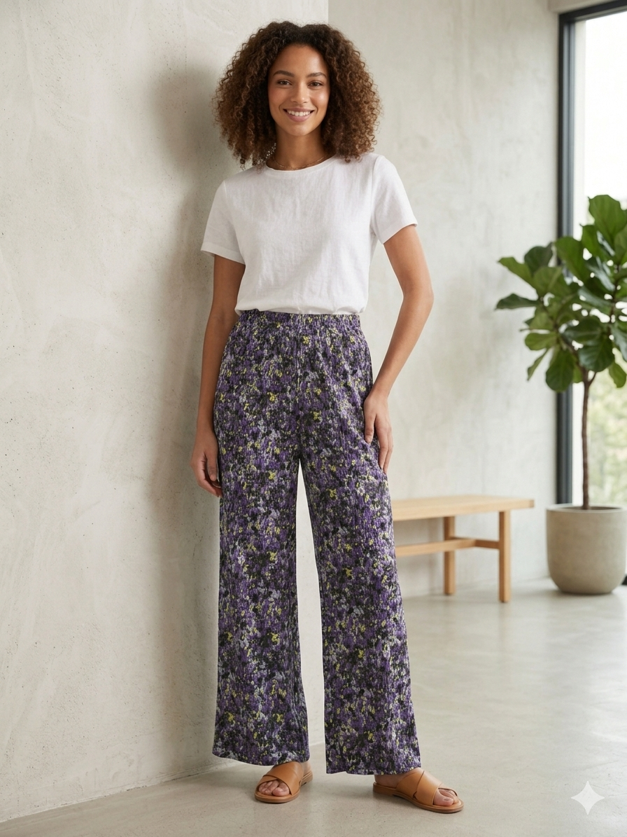 Women's Casual Ikat Print Palazzo Pants Flowy Wide Leg Summer Trousers