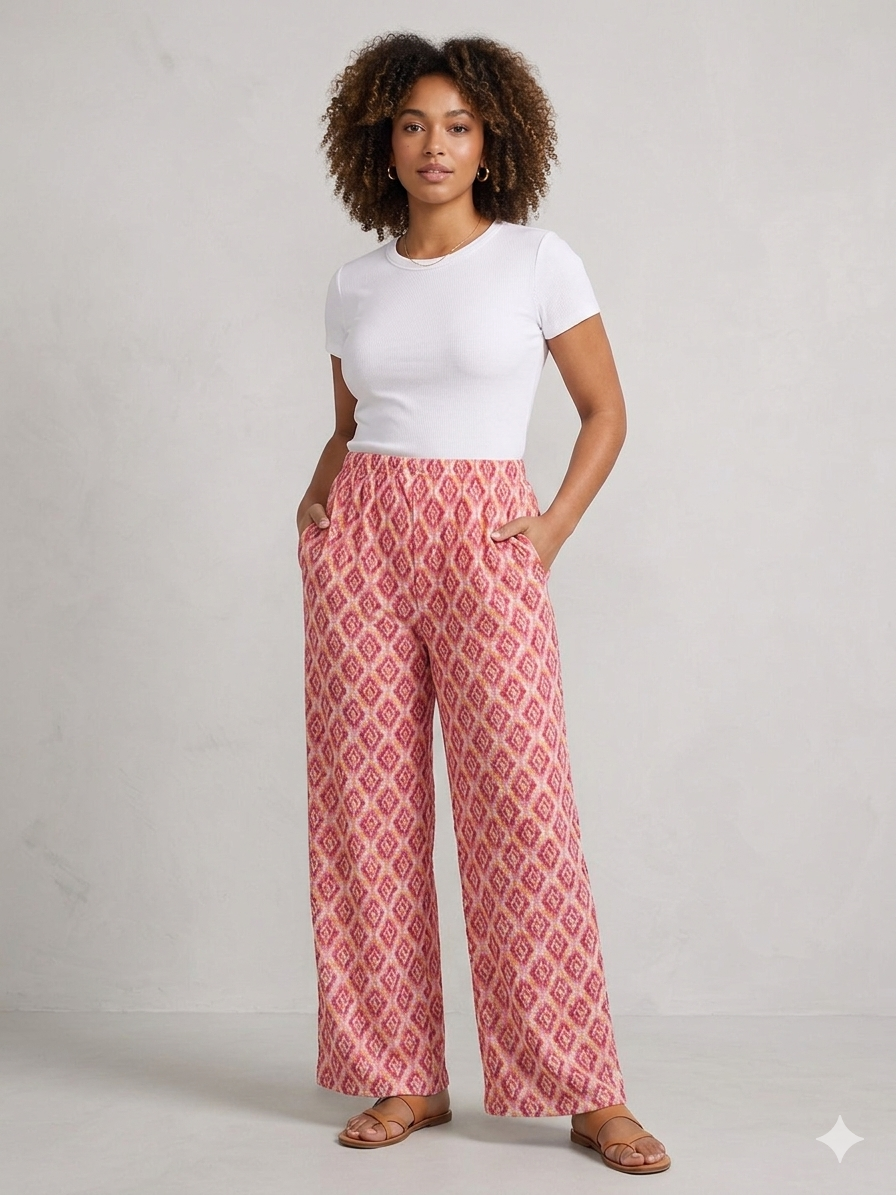 Women's Casual Ikat Print Palazzo Pants Flowy Wide Leg Summer Trousers