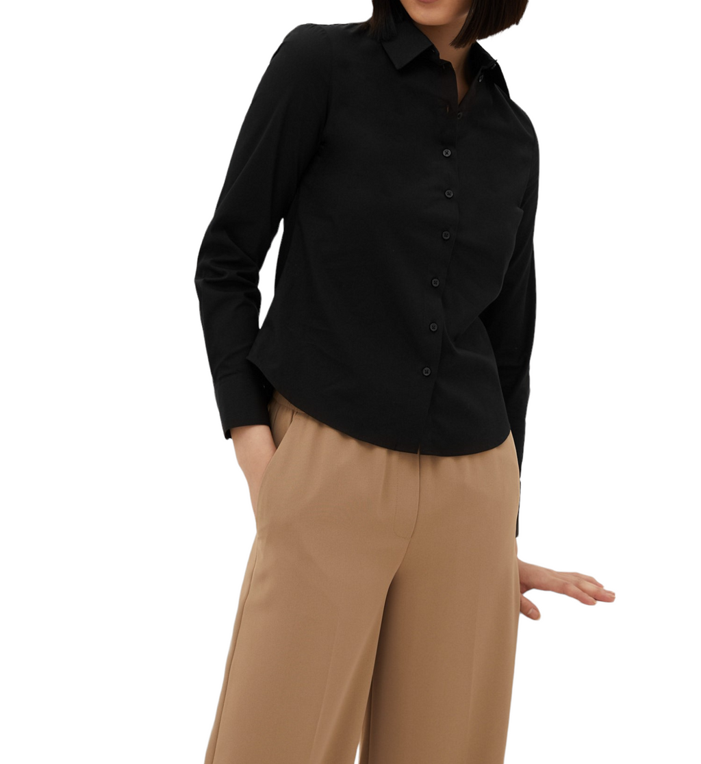 Ladies Shirts Blouse Cotton Stretchy Black Plain Formal Office Workwear Top P1