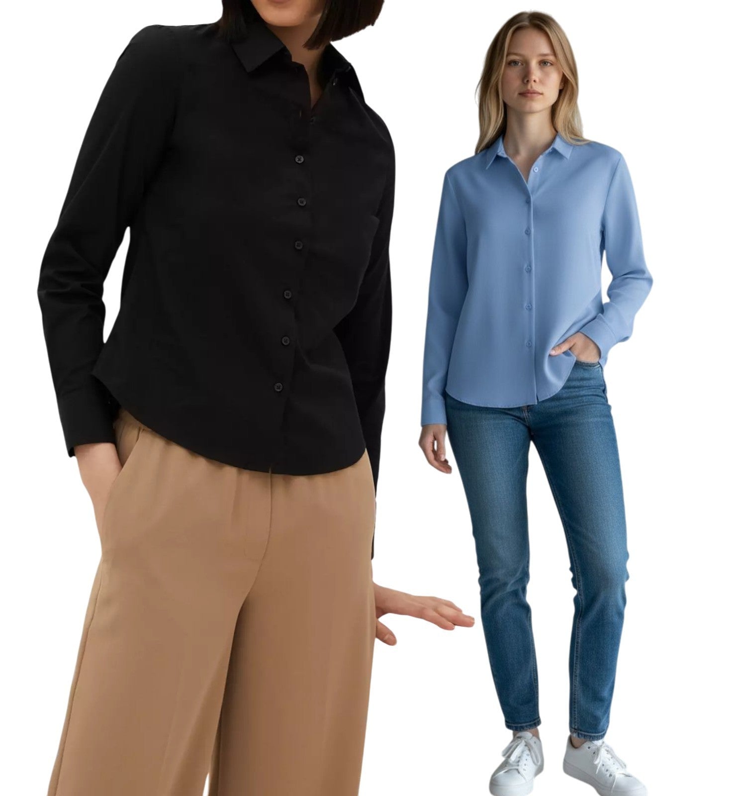 Ladies Shirts Blouse Cotton Stretchy Black Plain Formal Office Workwear Top P1